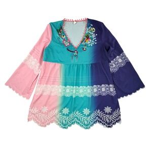 Chicyea Womens 2XL Boho Ombre Tunic Top Pink Teal Purple Floral Embroidered Pom